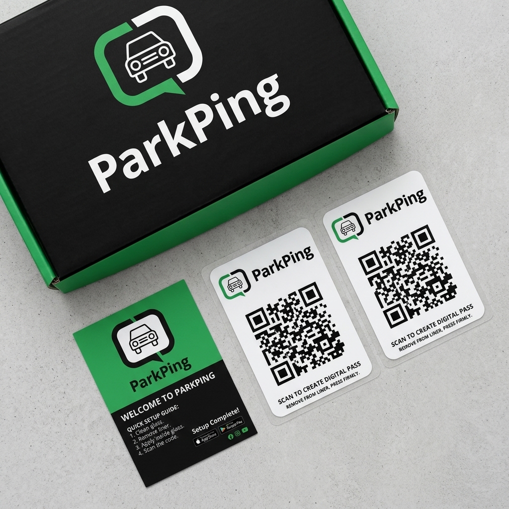 ParkPing kit flat lay — branded box, two QR stickers, PVC stand, and setup guide