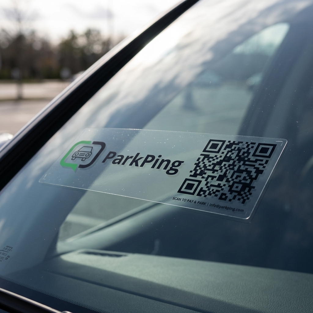 ParkPing QR sticker on a windshield